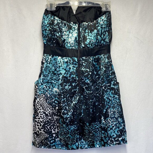 GUESS Satin Strapless Pleated V-Notched Mini Dress Women Size 6 Black Multicolor - Picture 3 of 16